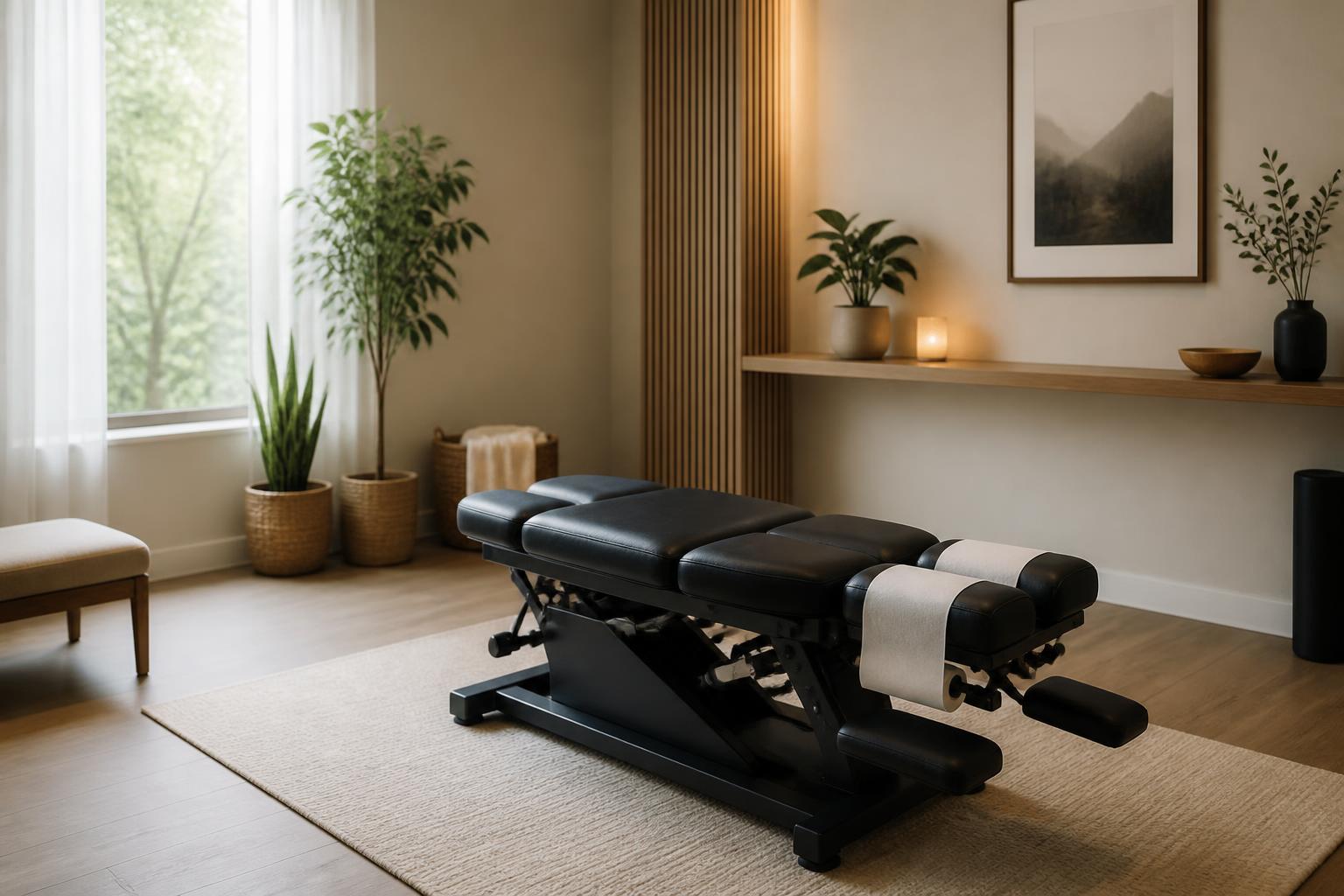 Modern chiropractic treatment room with an adjustment table and calm neutral decor.