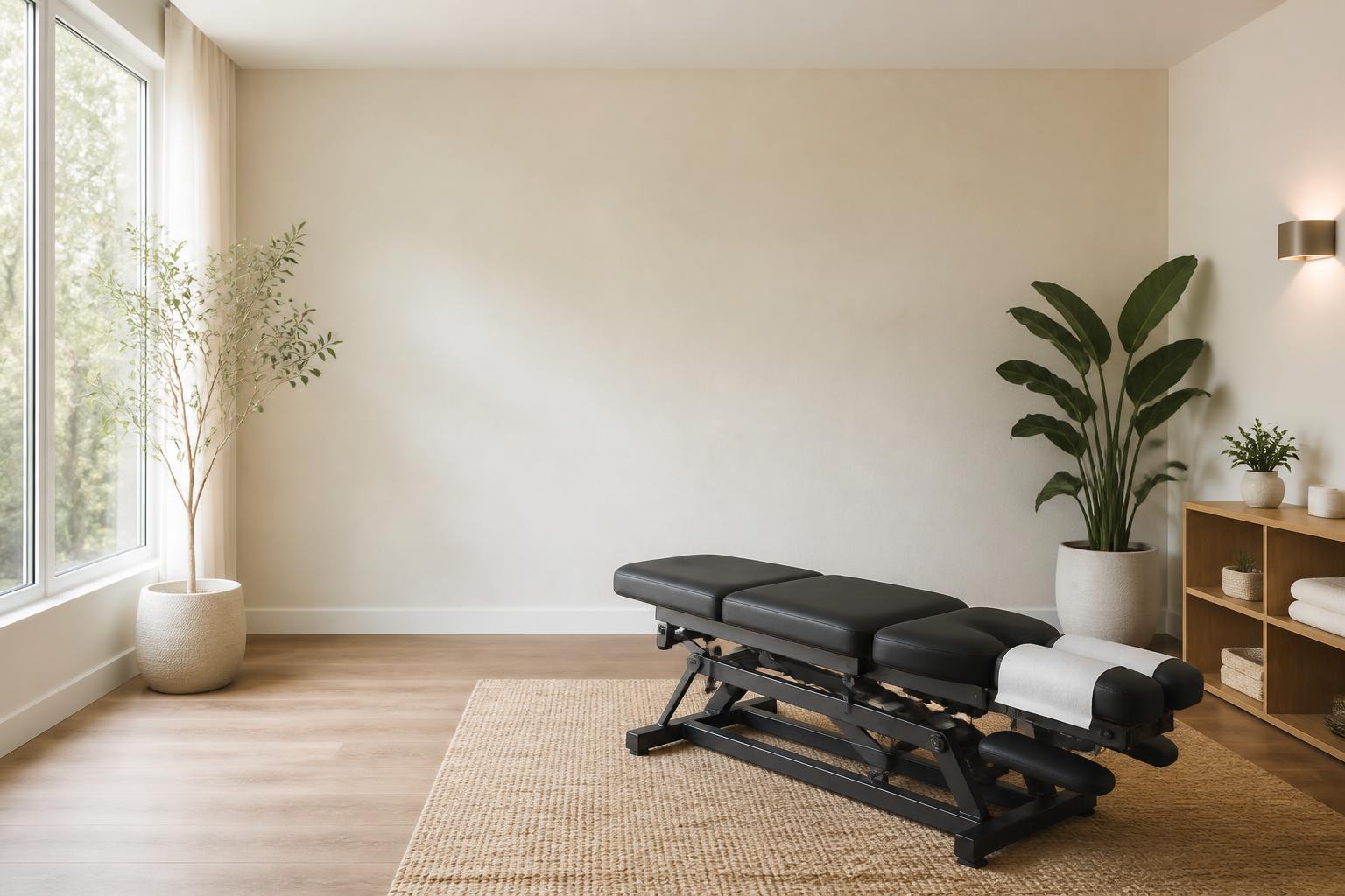 Bright chiropractic wellness space with open room for website text overlay.